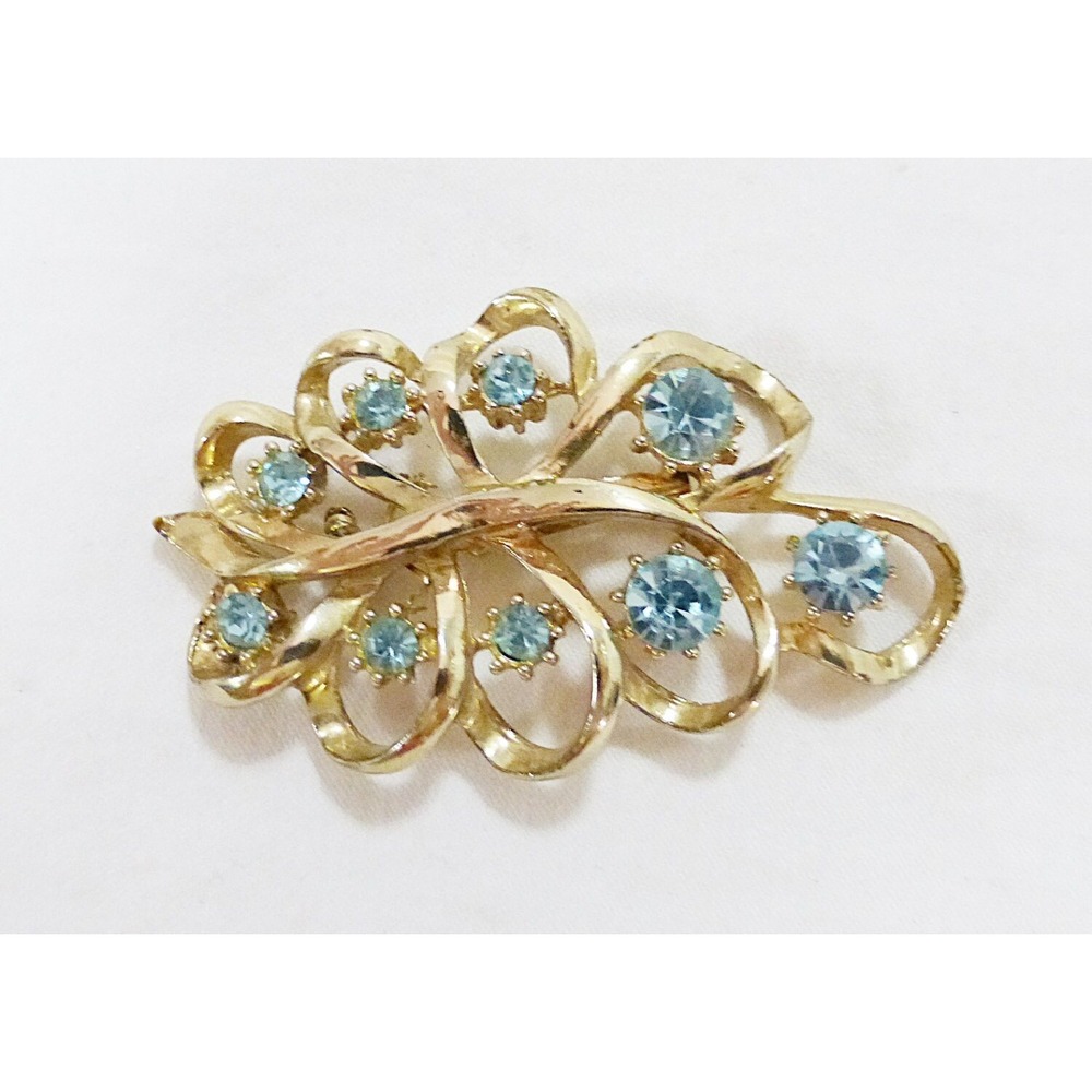 Vintage brooch pin blue rhinestone glass gold‎ tone Florentine old money